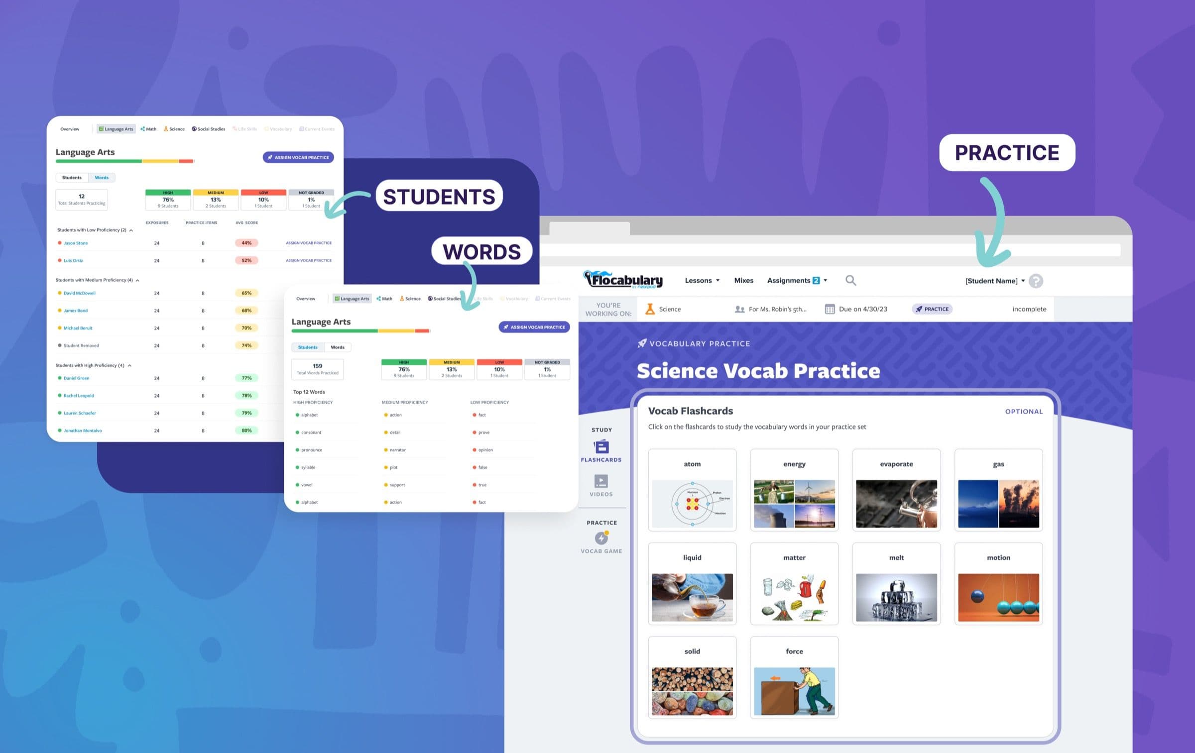 Dashboard views labeled Students, Words, and Practice, including a science vocabulary flashcard exercise.