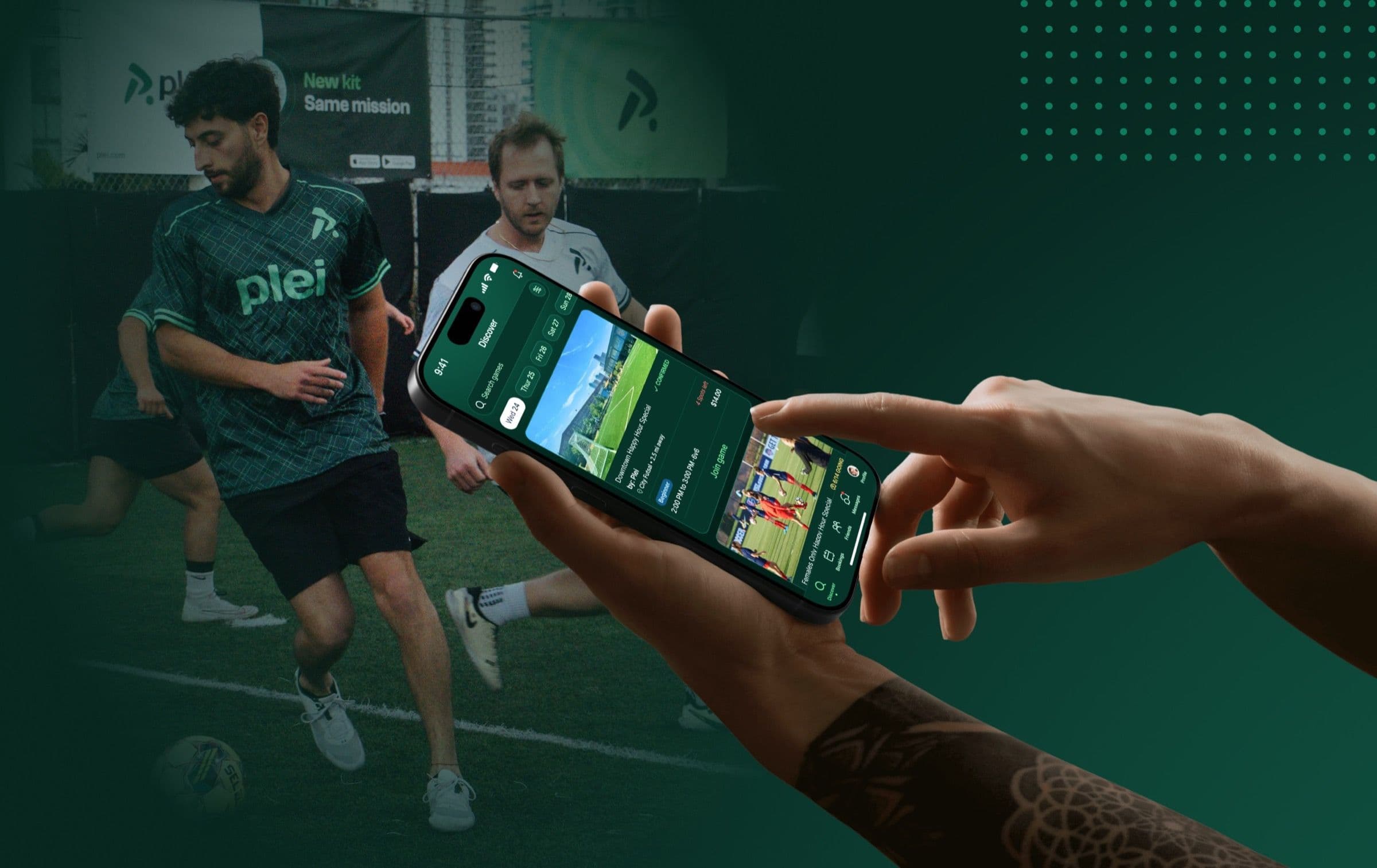 A hand holding a phone showing the redesigned Plei app, with pickup soccer players on a field in the background.