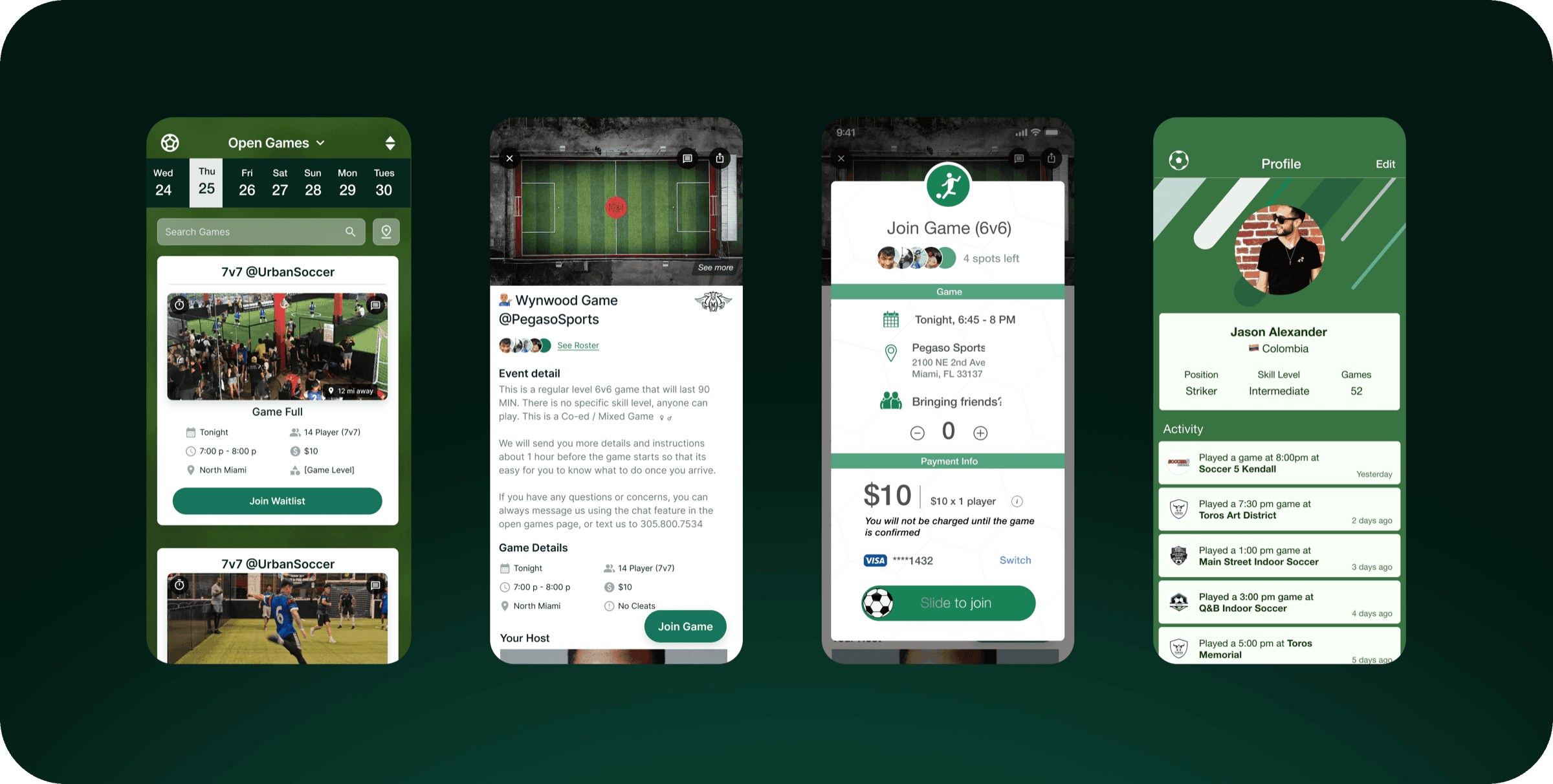 Four screens from the previous Plei app: open games list, game detail, join-game checkout, and player profile.