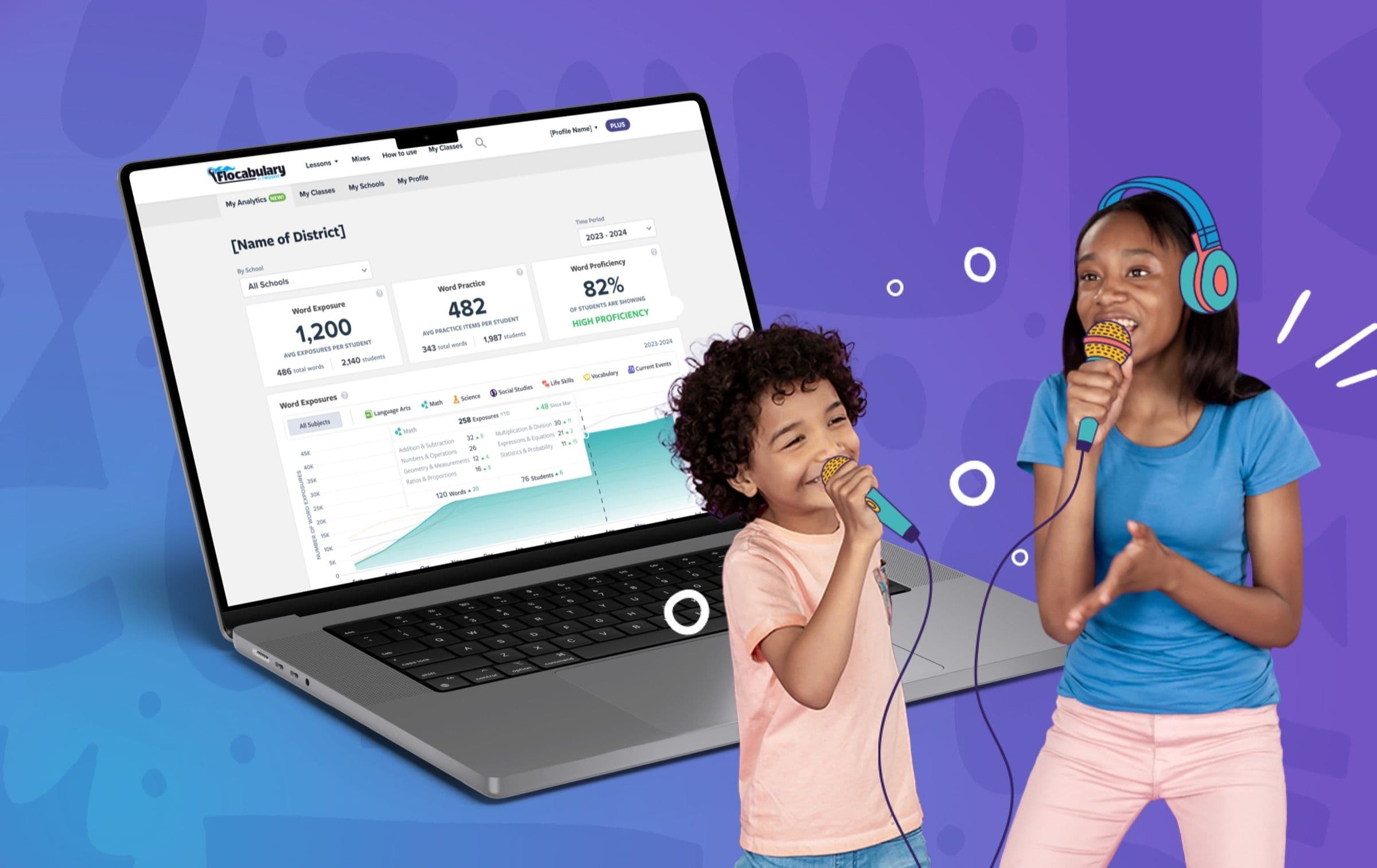 Flocabulary vocabulary dashboard on a laptop beside two students singing into microphones.