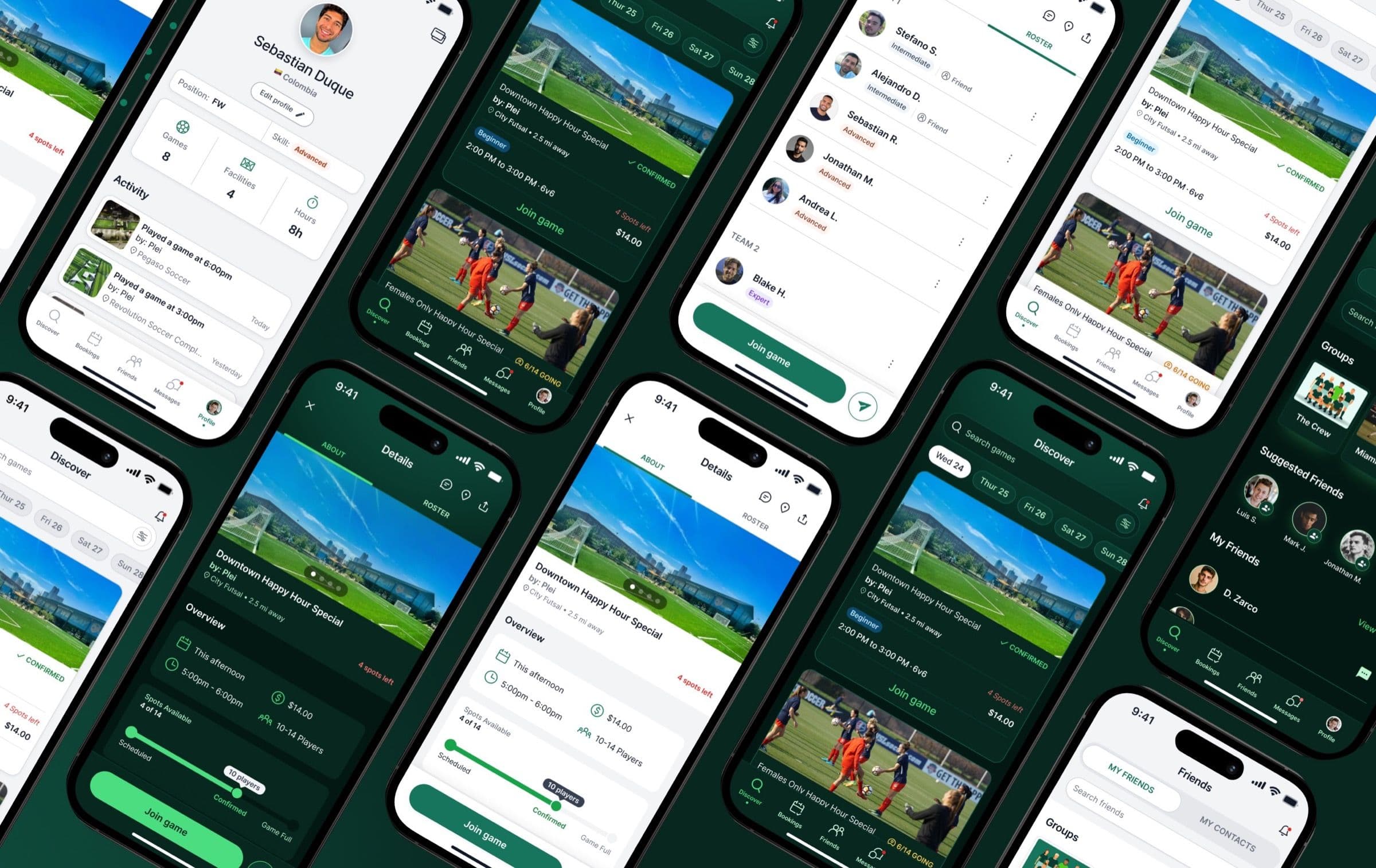 Collage of redesigned Plei app screens arranged diagonally, showing discovery, game details, and rosters.