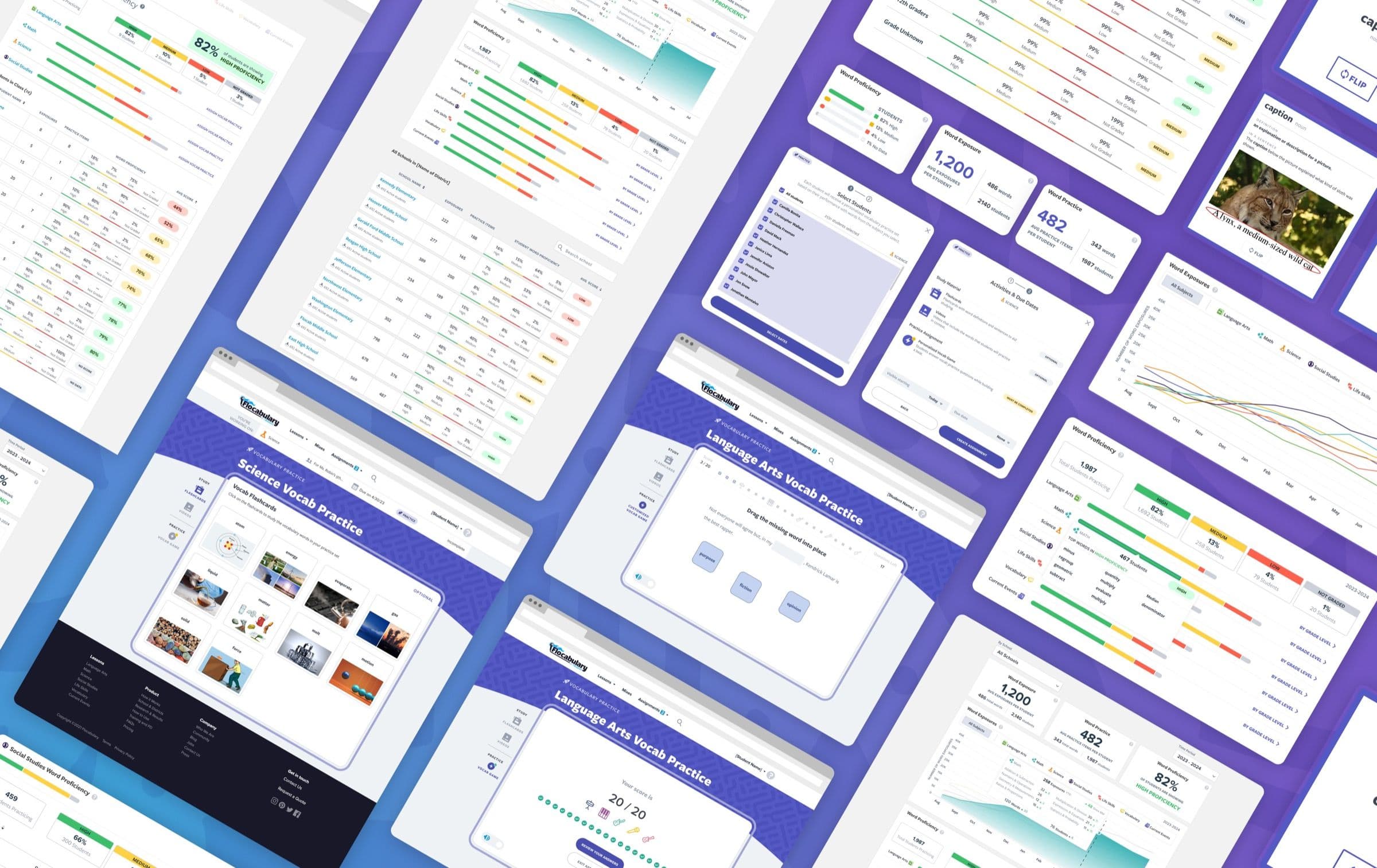 Collage of Flocabulary dashboard and practice screens arranged diagonally.
